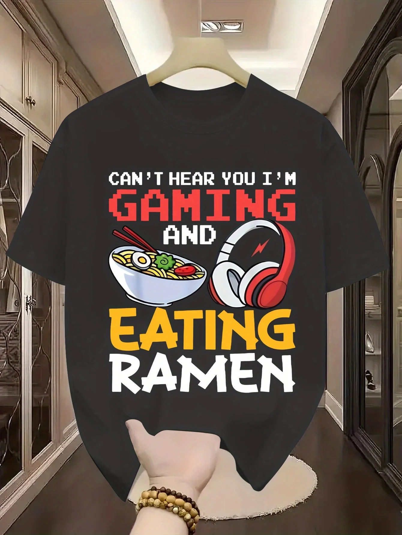 Pc Gaming Video - 面白い「ゲームをしたりラーメンを食べたりする声が聞こえない」ゲーマーTシャツ - ユニセックス、夏用カジュアルストリートウェア、ラウンドネック＆半袖、95%ポリエステル/5%スパンデックス、PC/コンソールゲーム、レッツプレイ、食事チャレンジ動画に最適 - 理想的