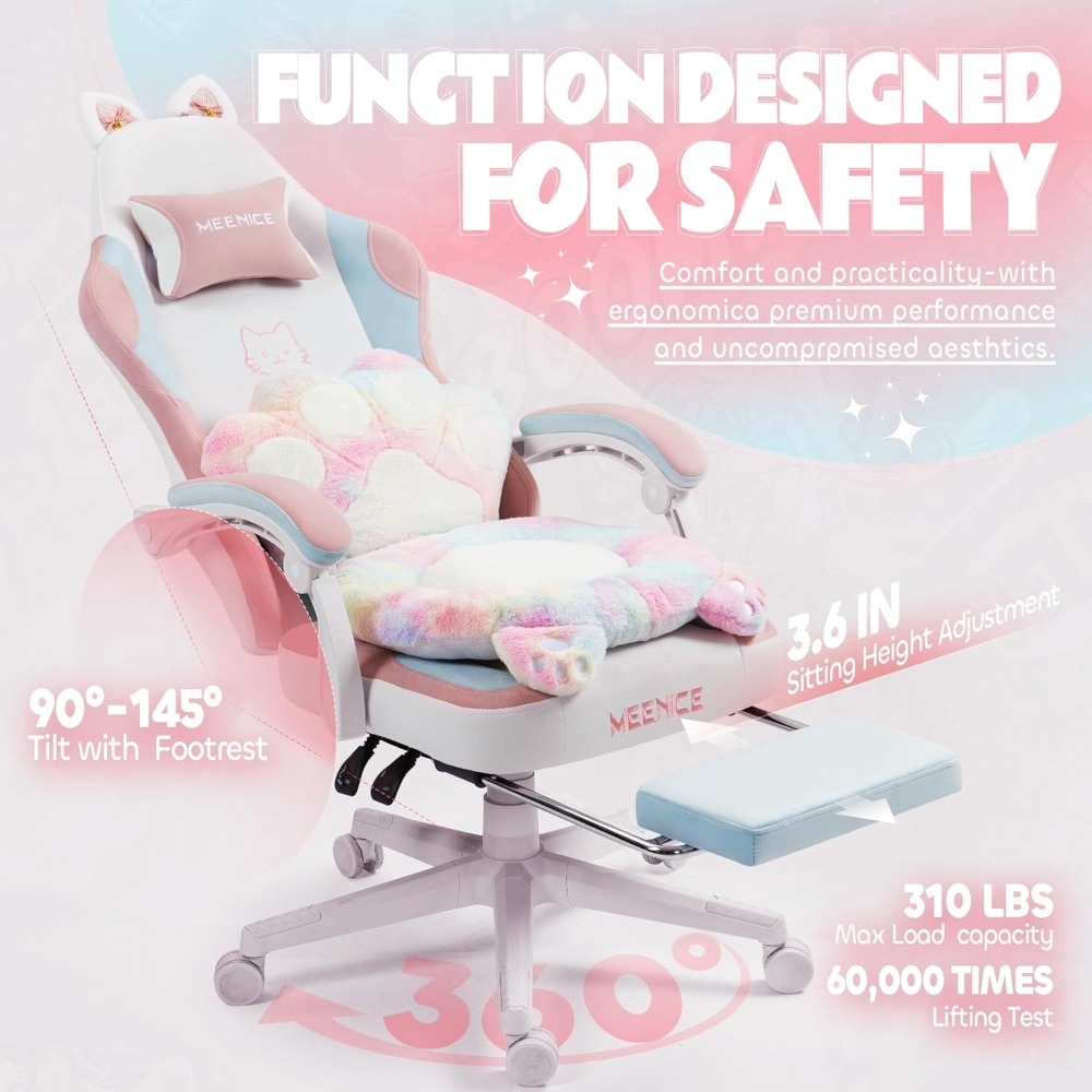 Pc Gaming Chair - ゲーミングチェア かわいい 猫耳足腰とクッション付き 人間工学に基づいたコンピュータチェア フットレスト付き 女の子用リクライニングPCゲームチェア