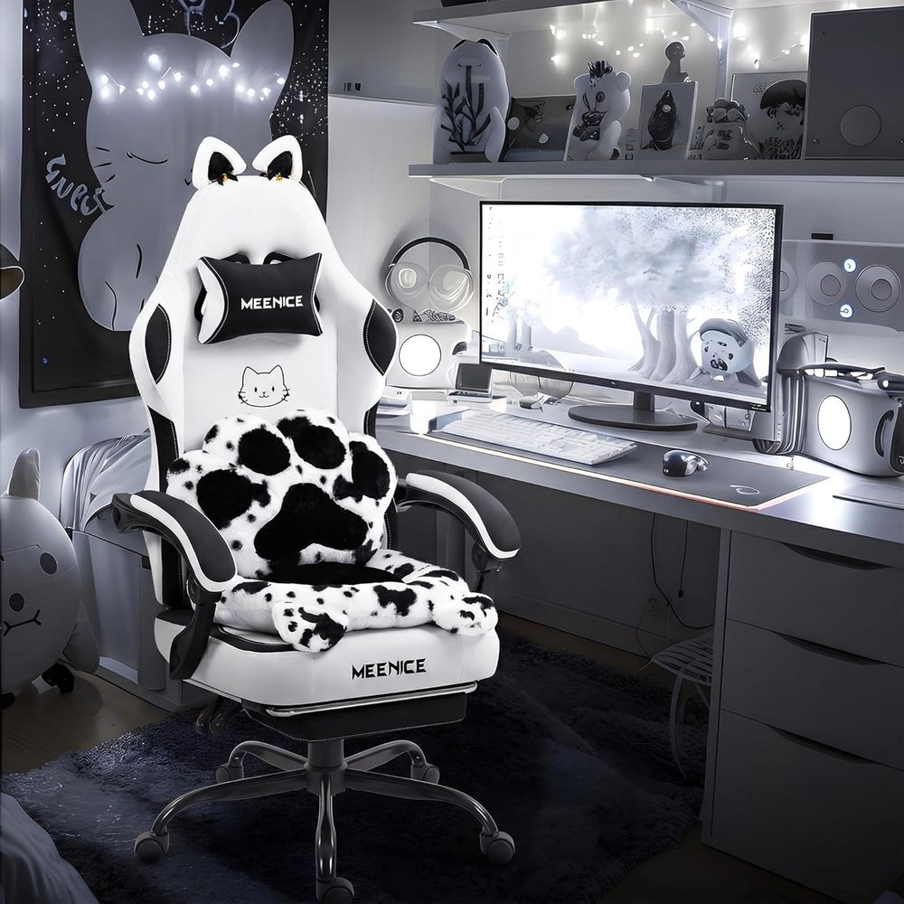 Pc Gaming Chair - ゲーミングチェア、猫耳と足型のランバーサポートとクッション付きのかわいい椅子、フットレスト付き人間工学に基づいたコンピューターチェア、リクライニングPCゲームチェアまたは女の子用椅子