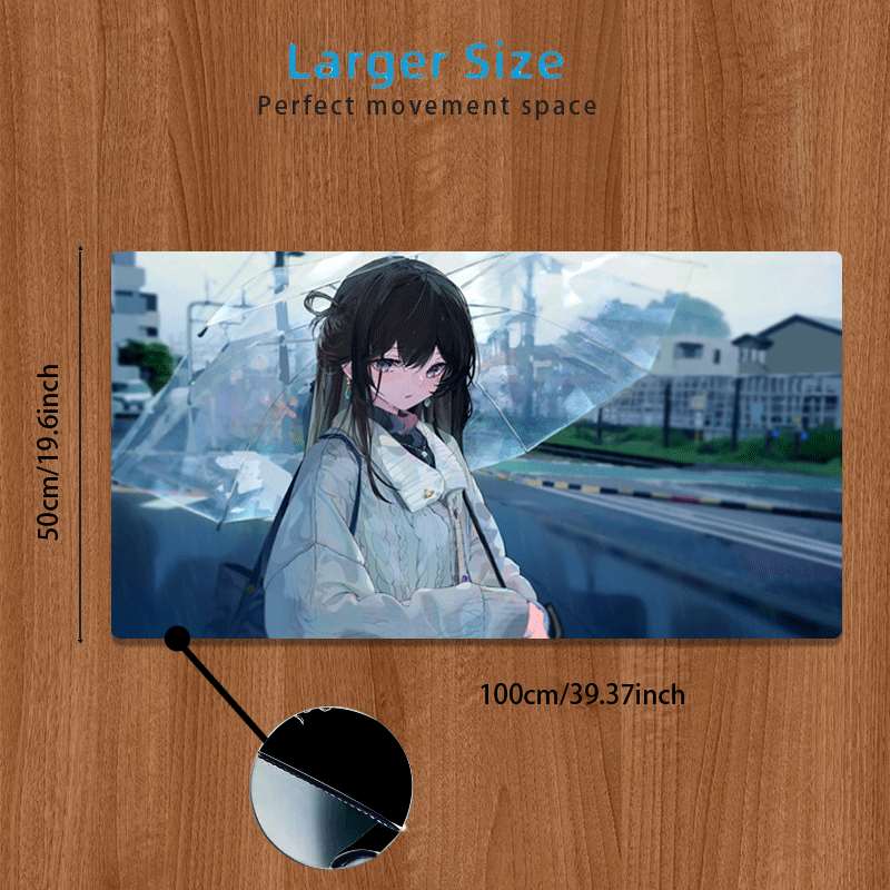 Pc Gaming Umbrella - 900x400mm Rainy City アニメガール傘ゲーミングマウスパッド、滑り止めゴムステッチエッジ、洗えるデスクマット、PCラップトップ用