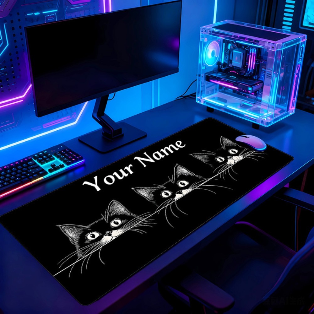 Pc Gaming Names - かわいい3匹の黒猫カスタムデスクマット、名前と番号入り、滑り止めゴムベース、PCオフィスゲームギフト用の愛らしいアクセサリー